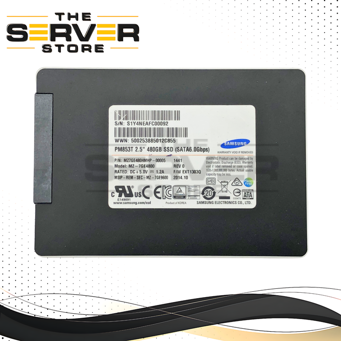 Samsung PM853T 480GB TLC SATA 6Gb/s 2.5" Solid State Drive (SSD). P/N: MZ7GE480HMHP.