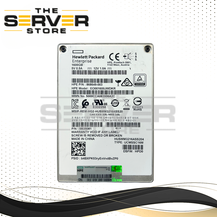 HPE 1.6TB 12G SAS WI 2.5" SSD HGST Ultrastar DC SS300 HUSMM3216ASS204 EO001600JWDKR 868649-003