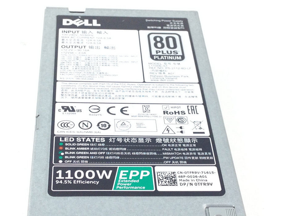 Dell 1100W 80 Plus Platinum Power Supply (PSU) For PowerEdge Server 0TFR9V TFR9V