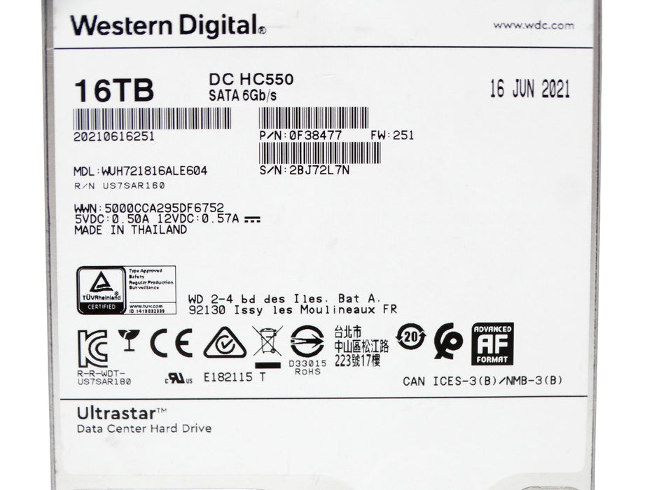 WD Ultrastar DC HC550 16TB 7200RPM SATA 6Gb/s 3.5" HDD Hard Drive (WUH721816ALE604)