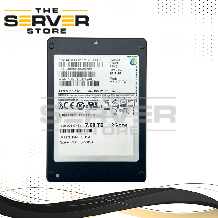 NetApp 7.68TB SAS 12G 2.5" SSD Samsung PM1643 Series MZ-ILT7T60 X319A SP-319A