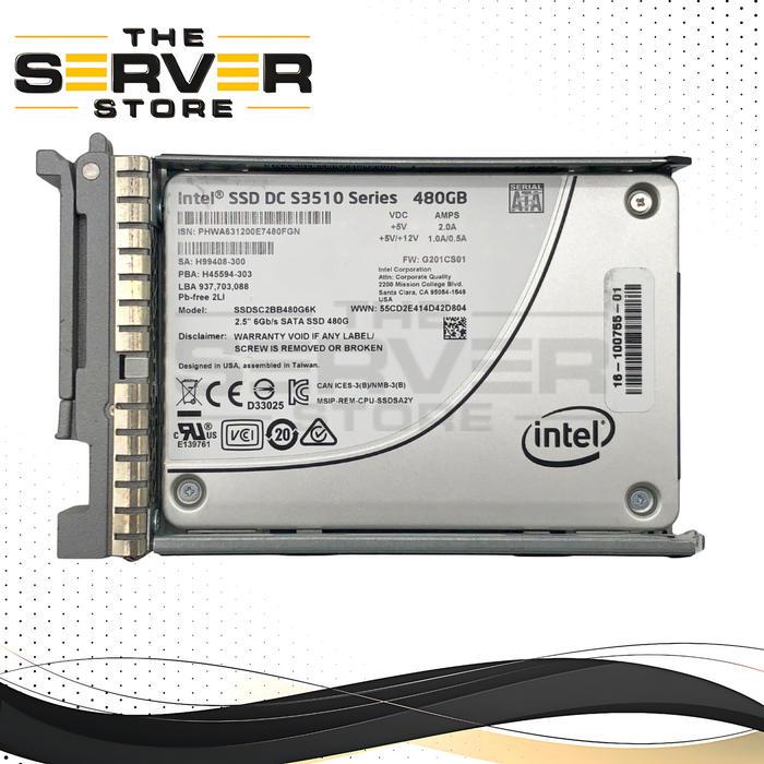 Cisco Intel DC S3510 480GB SATA 6Gb/s 2.5-inch SFF Enterprise Solid State Drive (SSD) in Caddy. Cisco P/N: 16-100755-01.