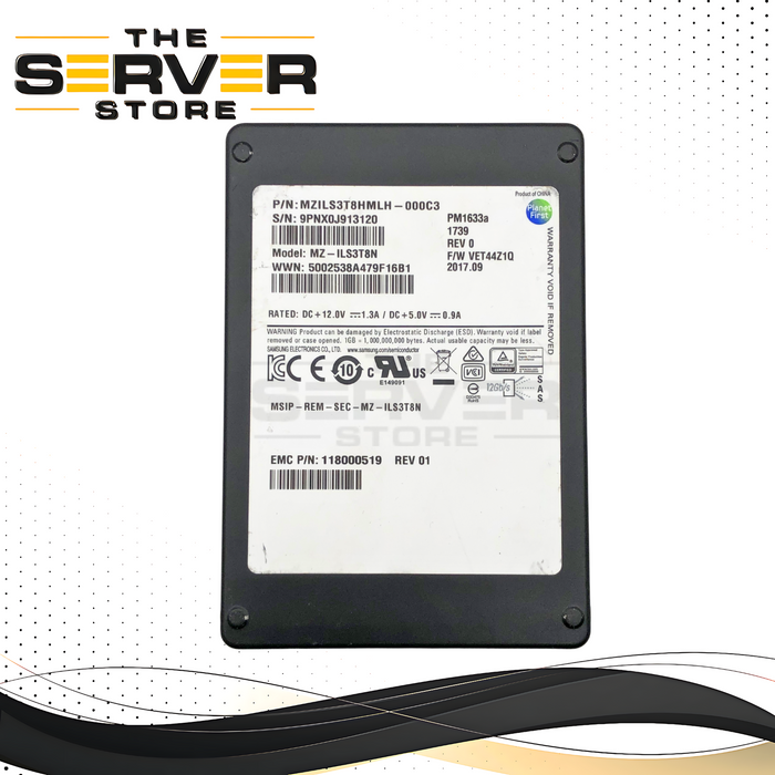 EMC Samsung PM1633a 3.84TB 12Gbps SAS 2.5-inch SFF Enterprise SSD. 90%-100% Health. P/N: 118000519.