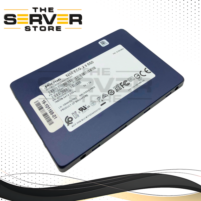 Cisco Micron 5200 Eco 7.68TB SATA 6Gb/s Read Intensive (RI) 2.5-inch SFF Enterprise SSD with 100% Health. P/N: 16-101168-01.