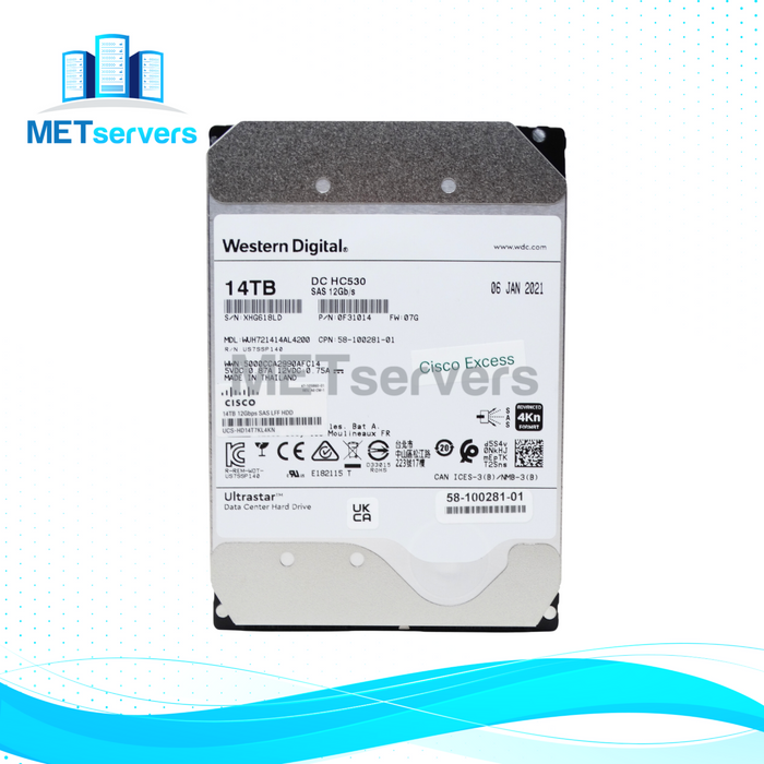 Cisco WD DC HC530 14TB 4Kn 7.2K RPM SAS 12Gbps 3.5" HDD Hard Drive (only work in 4K setups can't be formatted for older generations) (UCS-HD14T7KL4KN-001)