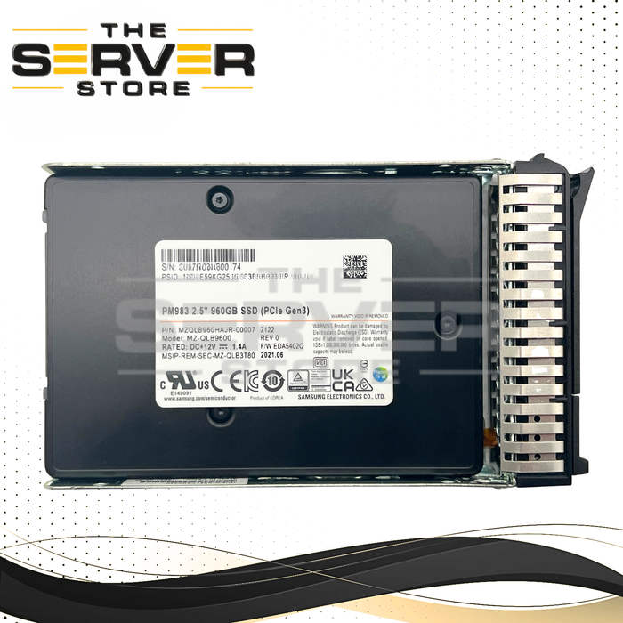 (89%-to-80% Health) Samsung 960GB NVMe U.2 PCIe Gen 3.0 x4 RI SFF 2.5" 7mm SSD PM983 Series MZQLB960HAJR for Lenovo ThinkSystem Server  (Lenovo ThinkSystem Tray Included)