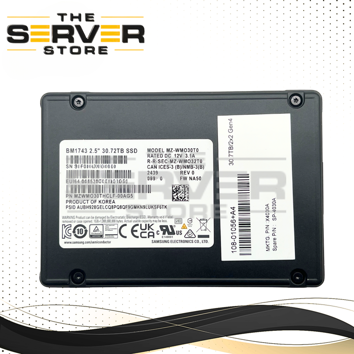 Samsung 30.72TB NVMe U.2 PCIe Gen 4.0 x4 RI SFF 2.5" 15mm SED SSD BM1743 Enterprise Series MZWMO30THCLF MZ-WMO30T0