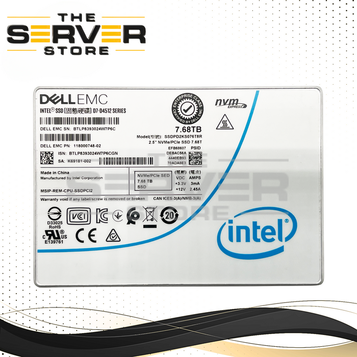DELL EMC 7.68TB NVMe U.2 SED 2.5" SSD PCIe Intel D7-D4512 Series SSDPD2KS076T8R 118000748-02 (96% to 100% Health)