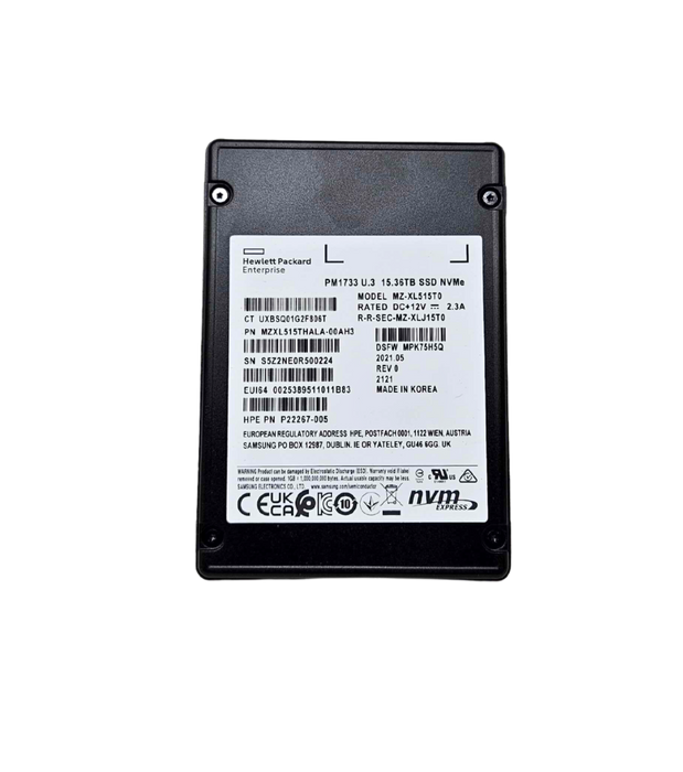 HPE 15.36TB NVMe U.3 PCIe G4 x4 2.5" RI SSD Samsung PM1733 Series MZ-XLJ15T0 P22267-005