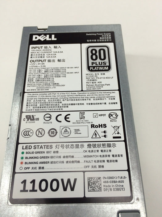 Dell PowerEdge R520 R620 R720 R720XD R820 T620 1100W Power Supply 038GYJ 38GYJ