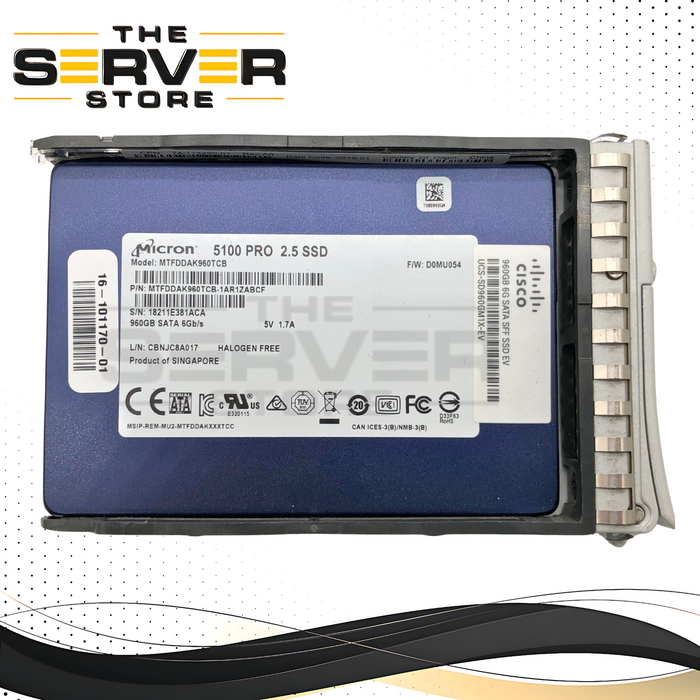 Cisco 960GB SATA 6Gb/s Mixed Use (MU) 2.5-inch SFF Solid State Drive (SSD) in Caddy. OEM by Micron 5100 Pro. P/N: 16-101170-01, 74-113290-01 Rev A0, UCS-SD960GM1X-EV.