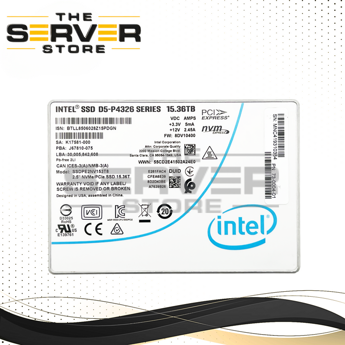 Intel 15.36TB NVMe x4 U.2 SFF 2.5" SSD D5-P4326 Series PCIe 3.1 QLC J6781-075 SSDPE2NV153T8