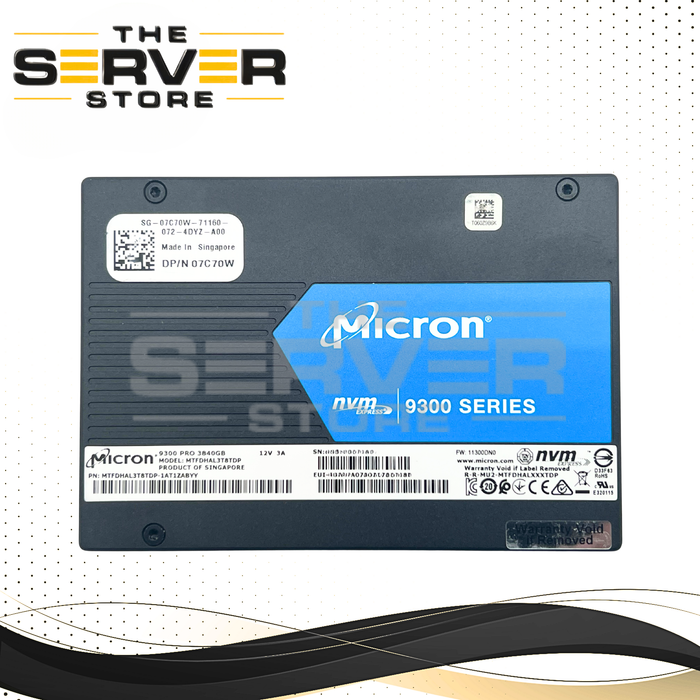 Dell 3.84TB NVMe U.2 PCIe Gen 3.0 x4 RI SFF 2.5" SSD Micron 9300 Series MTFDHAL3T8TDP 07C70W 7C70W