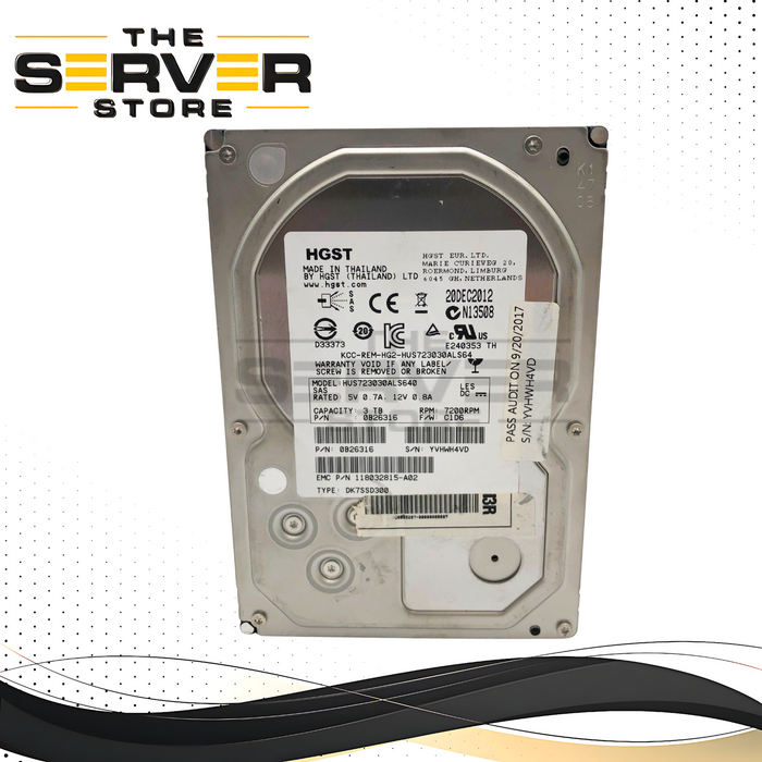 EMC HGST Ultrastar 7K3000 3TB 7200RPM 6Gb/s SAS 3.5-inch LFF Enterprise Hard Disk Drive. 90% health or Greater.  P/N: 0B26316.