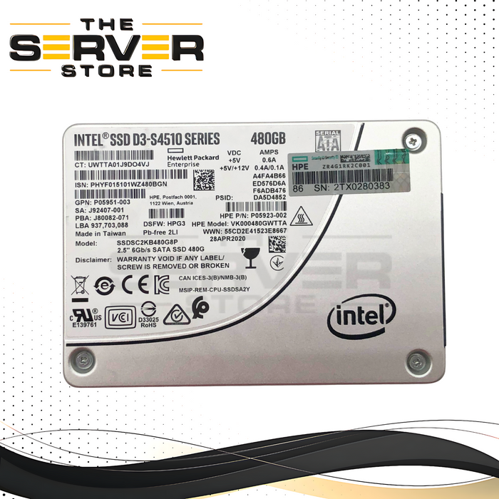 HPE Intel D3-S4510 480GB SATA 6Gb/s Read Intensive (RI) 2.5-inch SFF Enterprise SSD. P/N: P05923-002.