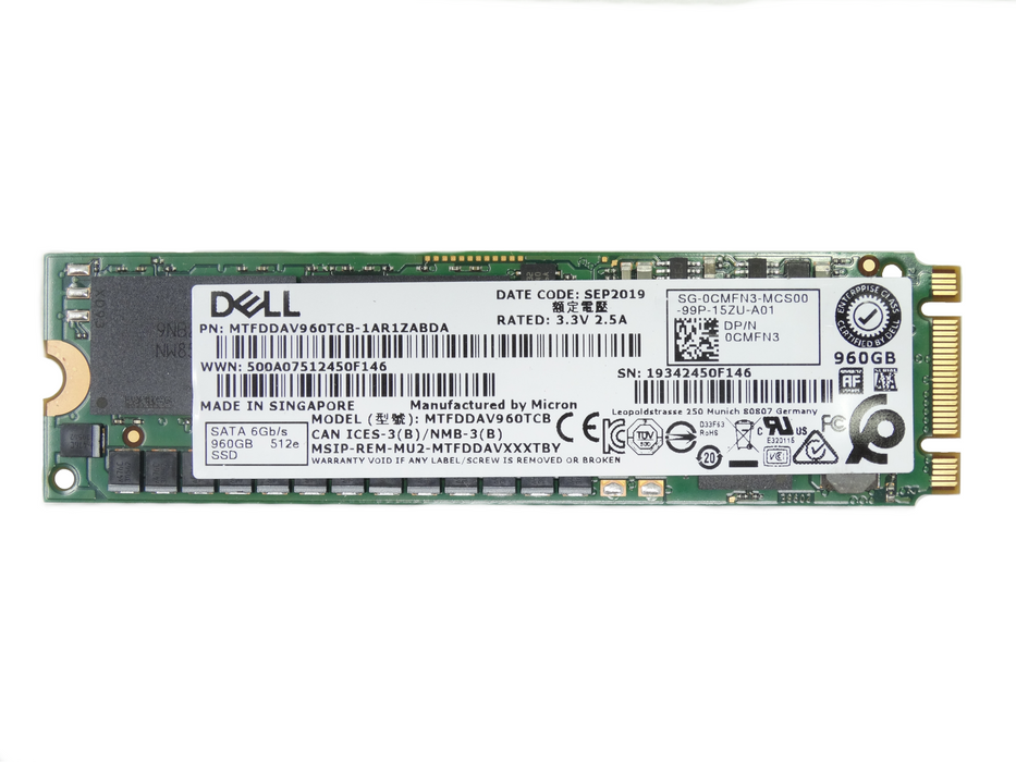 Dell Micron 960GB M.2 SATA 6GB/s SSD Solid State Drive MTFDDAV960TCB (MTFDDAV960TCB-1AR1ZABDA)