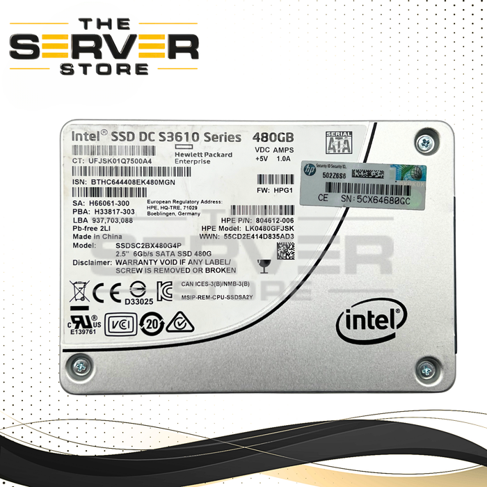 HPE 480GB SATA 6G MU 2.5" SDD Intel S3610 SSDSC2BX480G4P LK0480GFJSK 804612-006