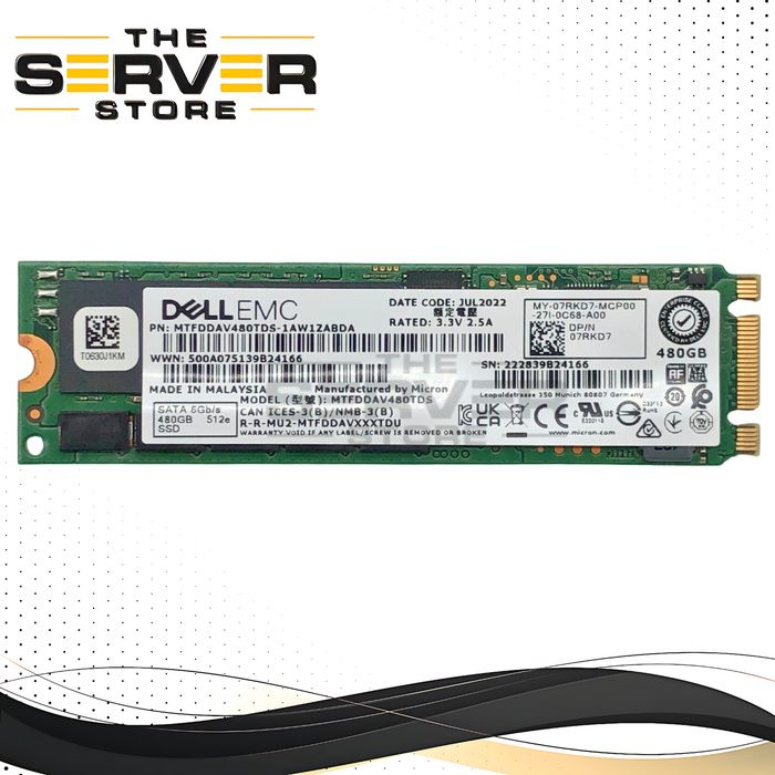 Dell Micron 5300 Pro 480GB SATA 6Gb/s 512e M.2 2280 Solid State Drive (SSD). Designed for Dell BOSS M.2 Cards. P/N: 7RKD7, 07RKD7.