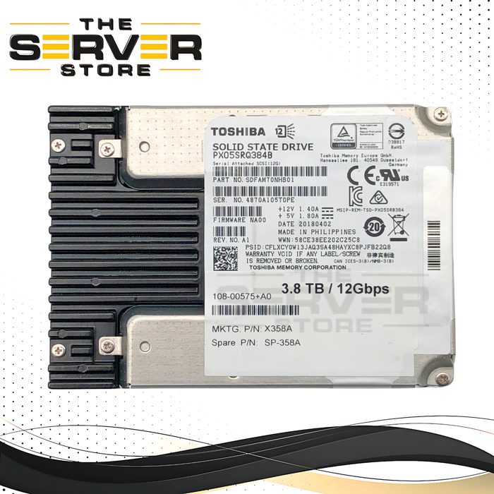 NetApp Toshiba X358A 2.5" 3.8TB 12Gbps SAS Solid State Drive (SSD). P/N: SDFAM70NHB01, 108-0057.