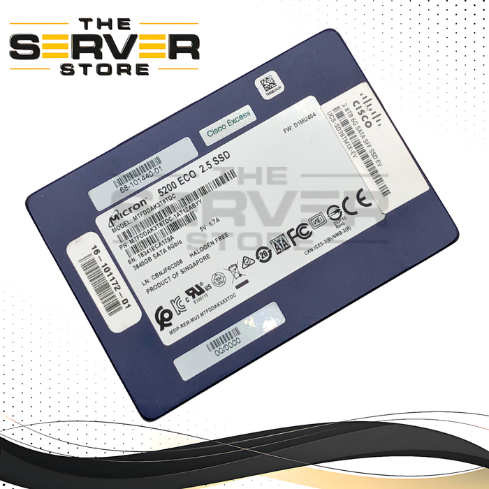 Cisco Micron 5200 ECO 3.84TB SATA 6Gb/s 2.5" Solid State Drive (SSD). P/N: MTFDDAK3T8TDC.
