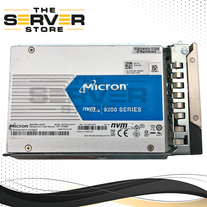 Dell Micron 9200 PRO 3.84TB NVMe U.2 2.5-inch SFF Mixed Use Enterprise Solid State Drive (SSD) in Caddy. P/N: 03FG6P, 3FG6P, MTFDHAL3T8TCT-1AR1ZABYY, MTFDHAL3T8TCT.