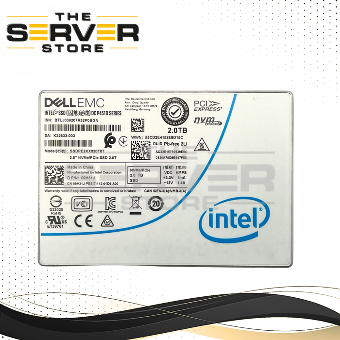 Dell 2TB NVMe U.2 PCIe G3 x4 2.5" SSD Intel DC P4510 SSDPE2KX020T8T 09H31J 9H31J
