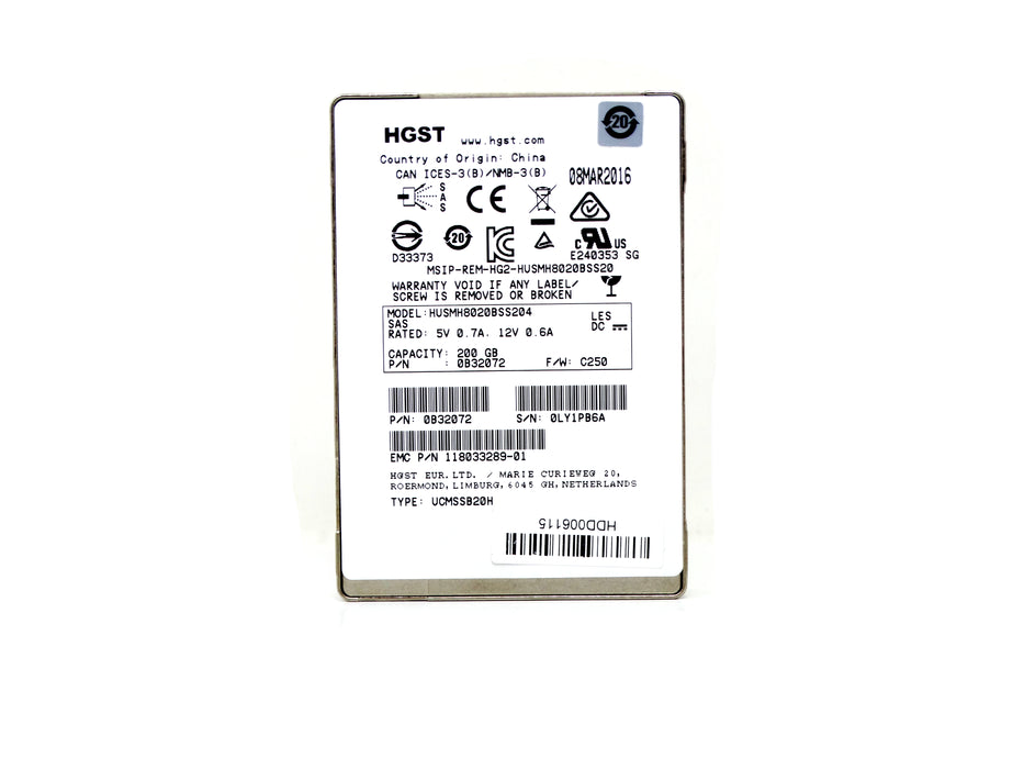 EMC 200GB SAS 12G MLC SFF 2.5" SSD HGST Ultrastar 0B32072 HUSMH8020BSS204