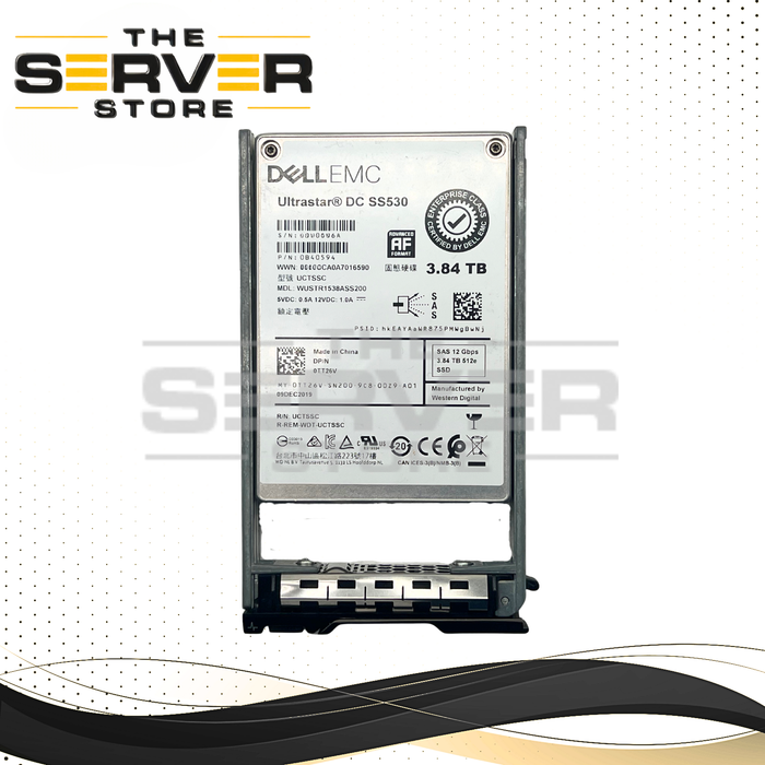 Dell EMC 3.84TB SAS 12G RI SFF 2.5" 15mm SSD Western Digital (WD) Ultrastar DC SS530 Series WUSTR1538ASS200 0TT26V TT26V for Dell PowerEdge Server (Dell PowerEdge G13th Tray Included)