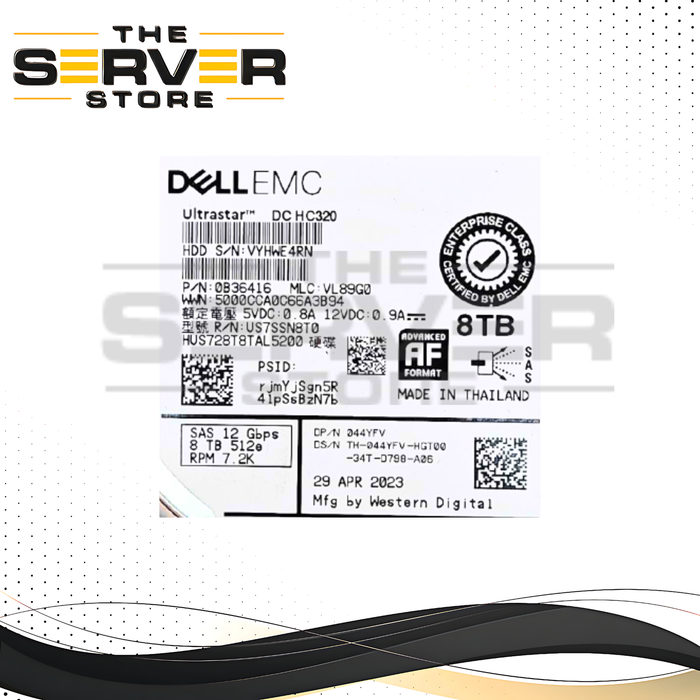 Dell 8TB SAS 12G 7.2K RPM LFF 3.5" 512e AF HDD WD Ultrastar DC H320 HUS728T8TAL5200 044YFV 44YFV with Dell PowerEdge Server Tray