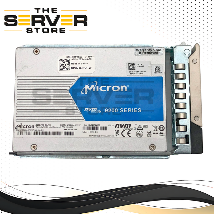 Dell Micron 9200 PRO 3.84TB NVMe U.2 2.5-inch SFF Mixed Use Enterprise Solid State Drive (SSD) in 14th Gen Caddy. Dell P/N: JFVGW, 0JFVGW.