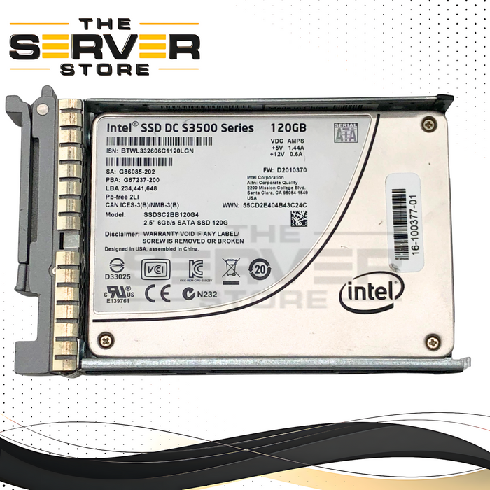 Cisco Intel DC S3500 120GB SATA 6Gb/s 2.5-inch SFF Enterprise Solid State Drive (SSD) in Caddy. P/N: 16-100377-01.