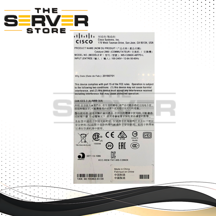 (AS IS ) Cisco Catalyst 2960X Series 48-Port Gigabit Ethernet (GigE) PoE+ Switch with 740W Power Budget, 2x 10 Gigabit SFP+ Uplink Ports, and Front-to-Back Airflow. P/N: WS-C2960X-48FPD-L.