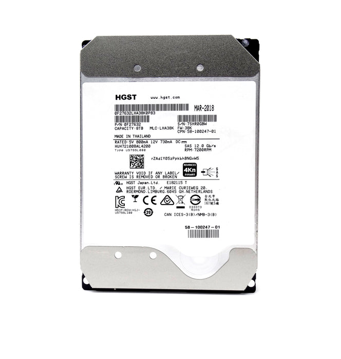 HGST Ultrastar He10 8TB 7.2K 12Gbps 256MB SAS 3.5'' HDD Hard Drive (58-100247-01)