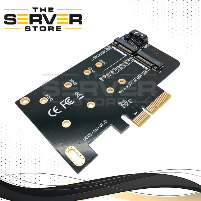Valuegist Dual M.2 SATA III (B-Key) & NVMe (M-Key) SSD to PCIe 3.0 x4 Host Adapter Card. Supports two M.2 drives simultaneously. P/N: 764470316084, M2ADPTFMBKEY.