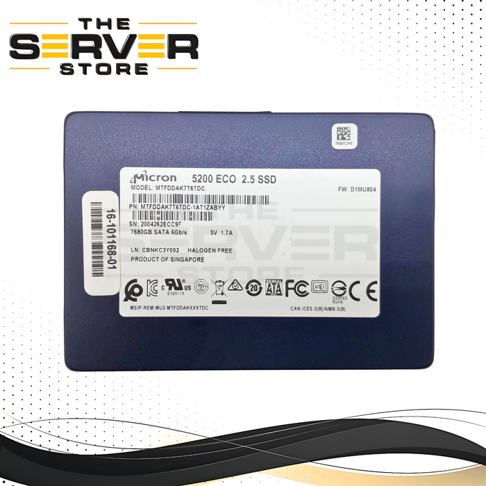 Cisco Micron 5200 Eco 7.68TB SATA 6Gb/s Read Intensive (RI) 2.5-inch SFF Enterprise SSD with 100% Health. P/N: 16-101168-01.