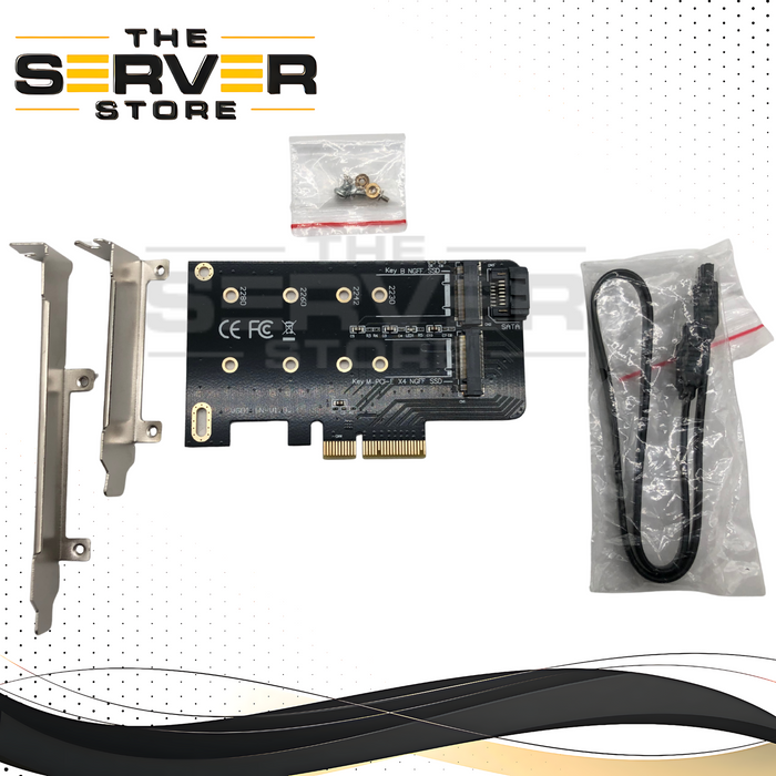 Valuegist Dual M.2 SATA III (B-Key) & NVMe (M-Key) SSD to PCIe 3.0 x4 Host Adapter Card. Supports two M.2 drives simultaneously. P/N: 764470316084, M2ADPTFMBKEY.