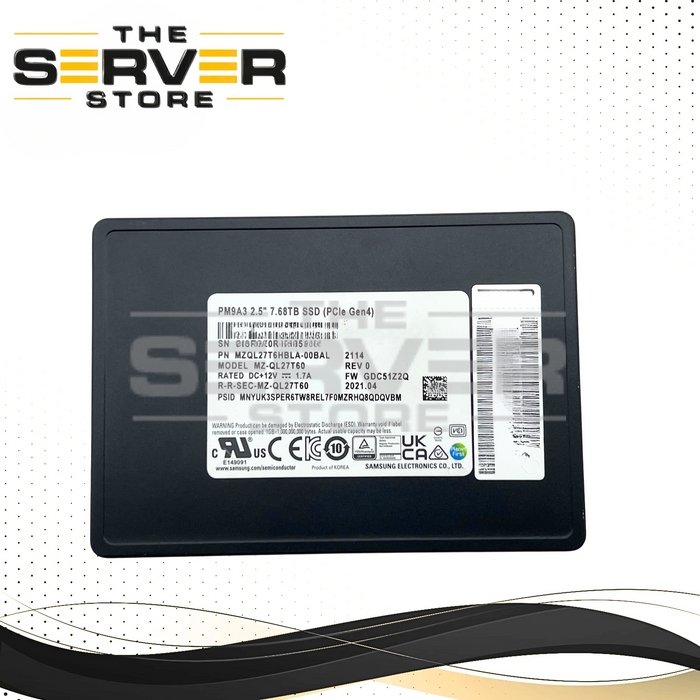 Samsung 7.68TB NVMe U.2 PCIe Gen 4.0 x4 RI SFF 2.5" 7mm SED SSD PM9A3 Series MZ-QL27T60 MZQL27T6HBLA