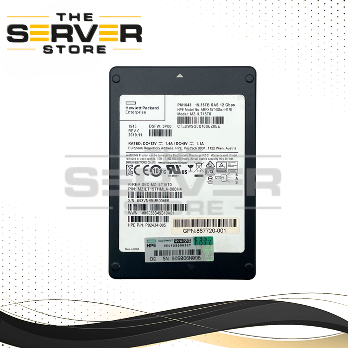 HPE 15.36TB SAS 12G RI SFF 2.5" SED (512e) 15mm SSD Samsung PM1643 Series MZ-ILT15T0 P02434-005