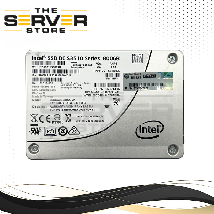 HPE 800GB SATA 6G RI SFF 2.5" SSD Intel S3510 804601-001 VK0800GEYJT 804574-005