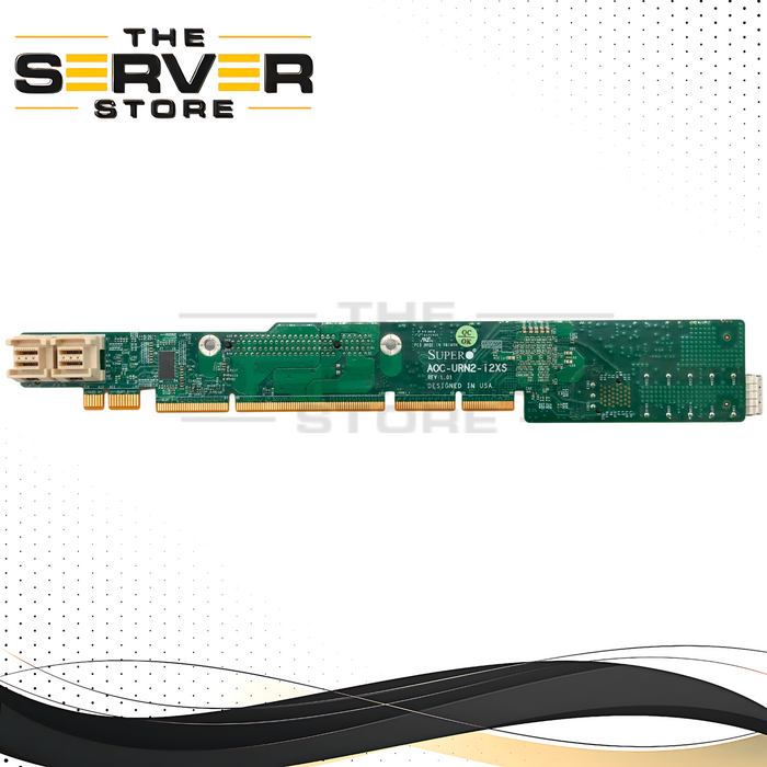 Supermicro 1U Ultra Riser Card with Onboard Dual-Port 10GbE SFP+ (Intel X710) & Dual Mini-SAS HD NVMe Ports. P/N: AOC-URN2-I2XS.