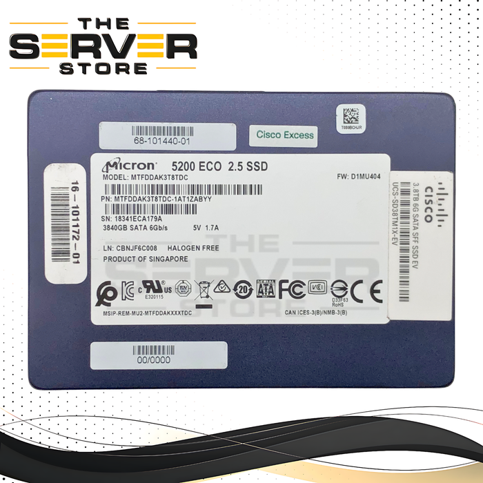 Cisco Micron 5200 ECO 3.84TB SATA 6Gb/s 2.5" Solid State Drive (SSD). P/N: MTFDDAK3T8TDC.