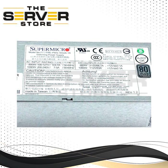 Supermicro 1U 1000W 80 PLUS Titanium 96% Efficiency  Redundant Power Supply PSU Module Active PFC Hot-Swap 100-240V AC/DC Input PWS-1K02A-1R