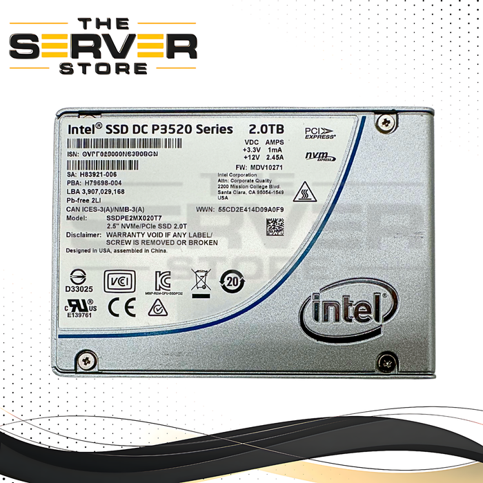 Intel 2TB NVMe U.2 PCIe Gen 3 x4 SFF 2.5" SED SSD DC P3520 Series 0SSDPE2MX020T7 SSDPE2MX020T7