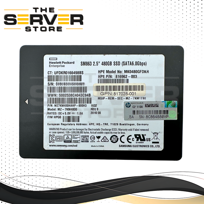 HPE 480GB SATA 6G MU SFF 2.5" SSD Samsung SM863 Series MK0480GFDKR 816962-003