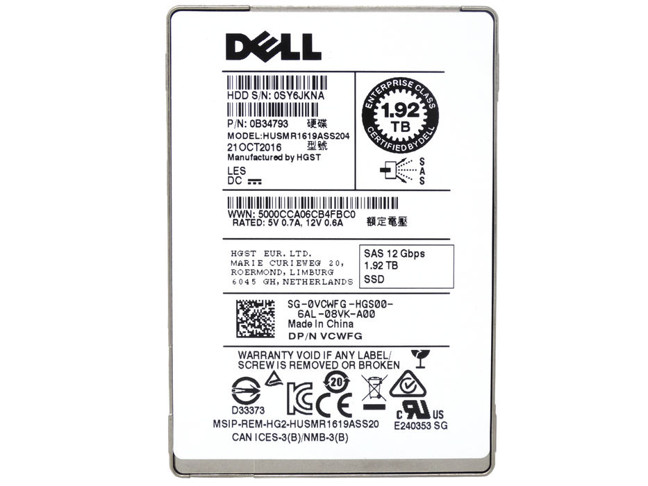 Dell 1.92TB SAS 12Gbps 2.5'' SSD Solid State Drive (HUSMR1619ASS204)