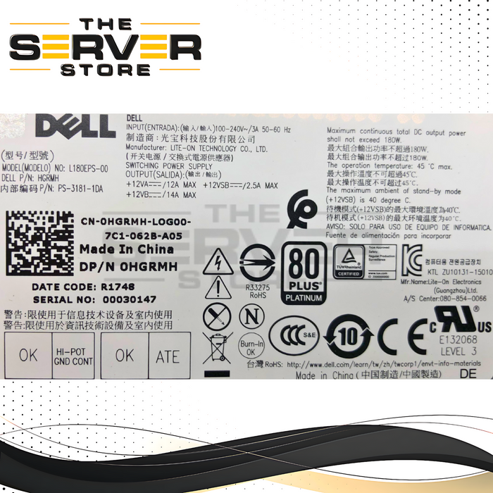 Dell 180W 80+ Platinum Power Supply Unit (PSU) for Optiplex 3040, 5040, 7040 & 3650 SFF. P/N: HGRMH, 0HGRMH.