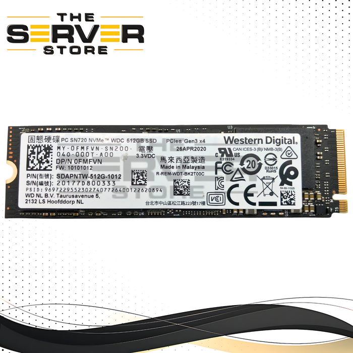 Dell Western Digital PC SN720 512GB M.2 2280 PCIe Gen3 x4 NVMe Internal Solid State Drive (SSD). P/N: SN720, SDAPNTW-512G-1012, 0FMFVN, FMFVN.