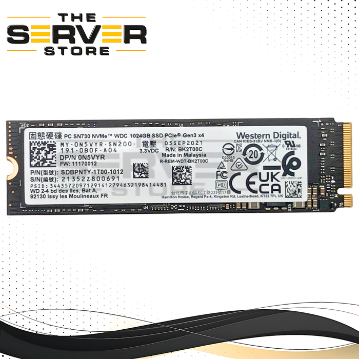 Dell Western Digital (WD) SN730 1TB NVMe PCIe Gen3 x4 M.2 2280 Solid State Drive. P/N: N5VYR, 0N5VYR.