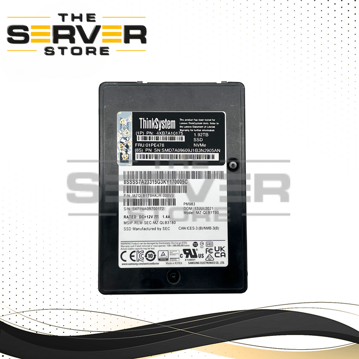 Lenovo 1.92TB NVMe x4 U.2 SFF 2.5 SSD Samsung PM983 MZ-QLB1T90 MZQLB1T9HAJR-000V3 (NO TRAY)