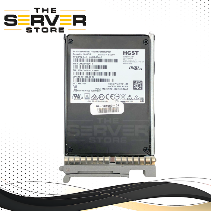 Cisco HGST UltraStar SN200 1.6TB NVMe U.2 High Endurance Gen3 2.5" Solid State Drive with Tray. *100% Health* P/N: 16-101080-01.